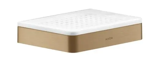 Seifenschale oder Ablage von AXOR in Brushed Bronze mit einer weißen oberen Fläche, die Belüftungslöcher aufweist, zur optimalen Wasserableitung.